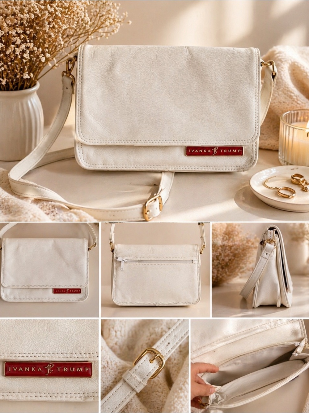 Ivanka Trump White Leather Crossbody with Gold-Tone Hardware